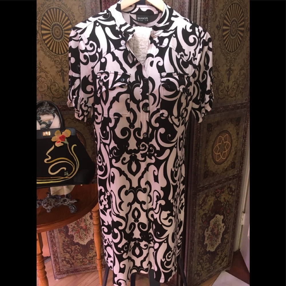 Black and white shirt dress above knee